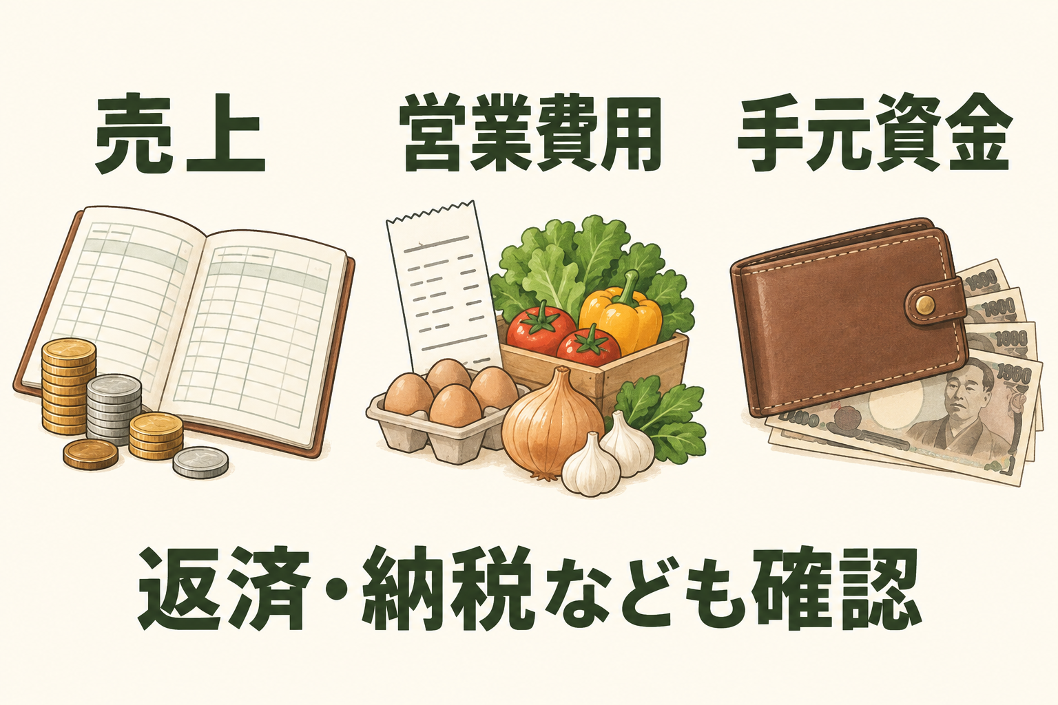 売上と営業費用を見積もり、借入返済・納税なども含めて手元資金を確認します。