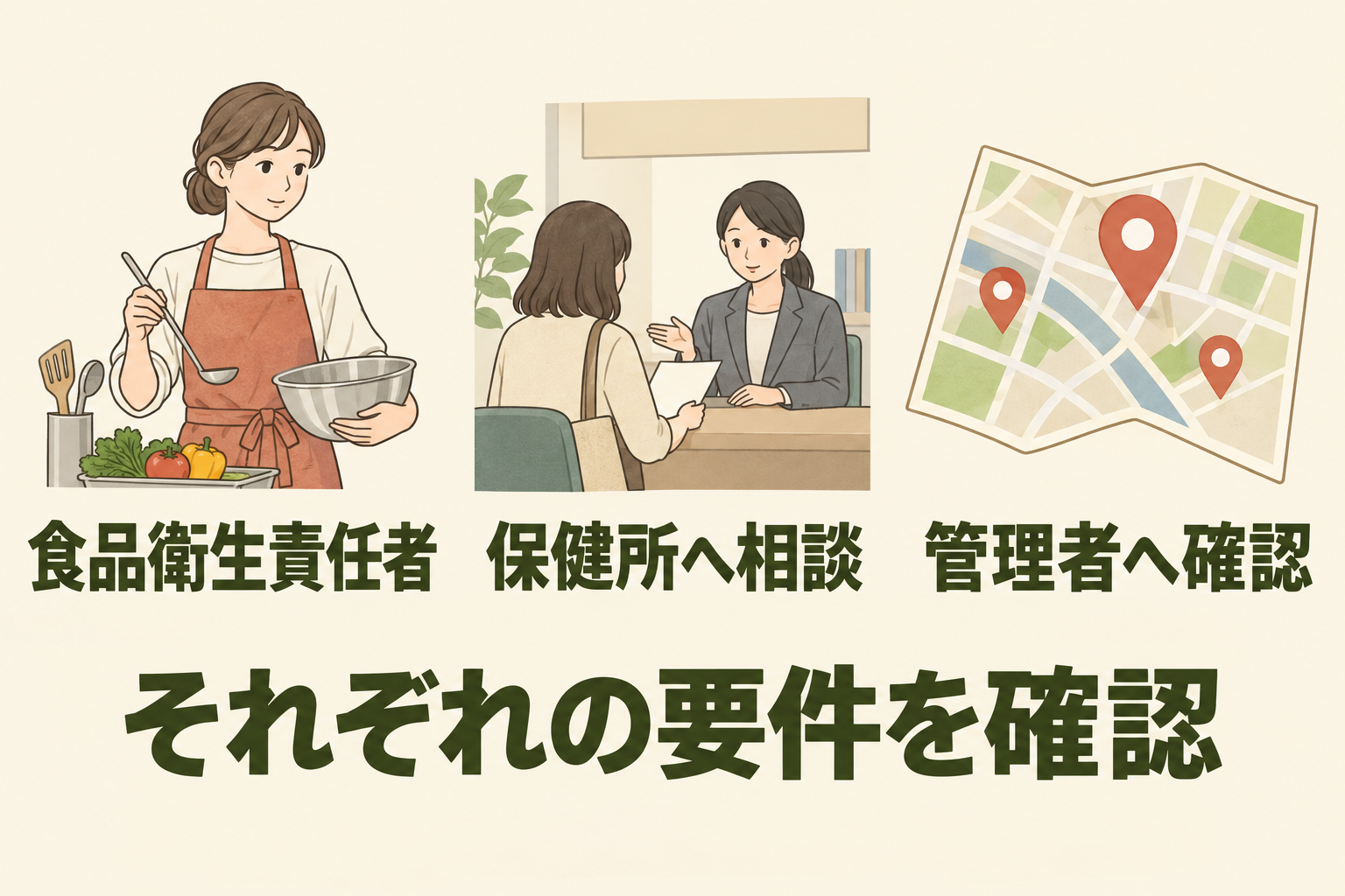 食品衛生責任者、食品営業の許可・届出、出店場所の承諾をそれぞれ確認します。