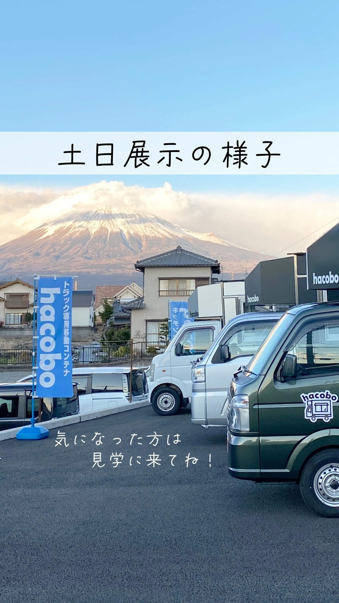 敷地に複数のhacobo車両を並べた展示風景